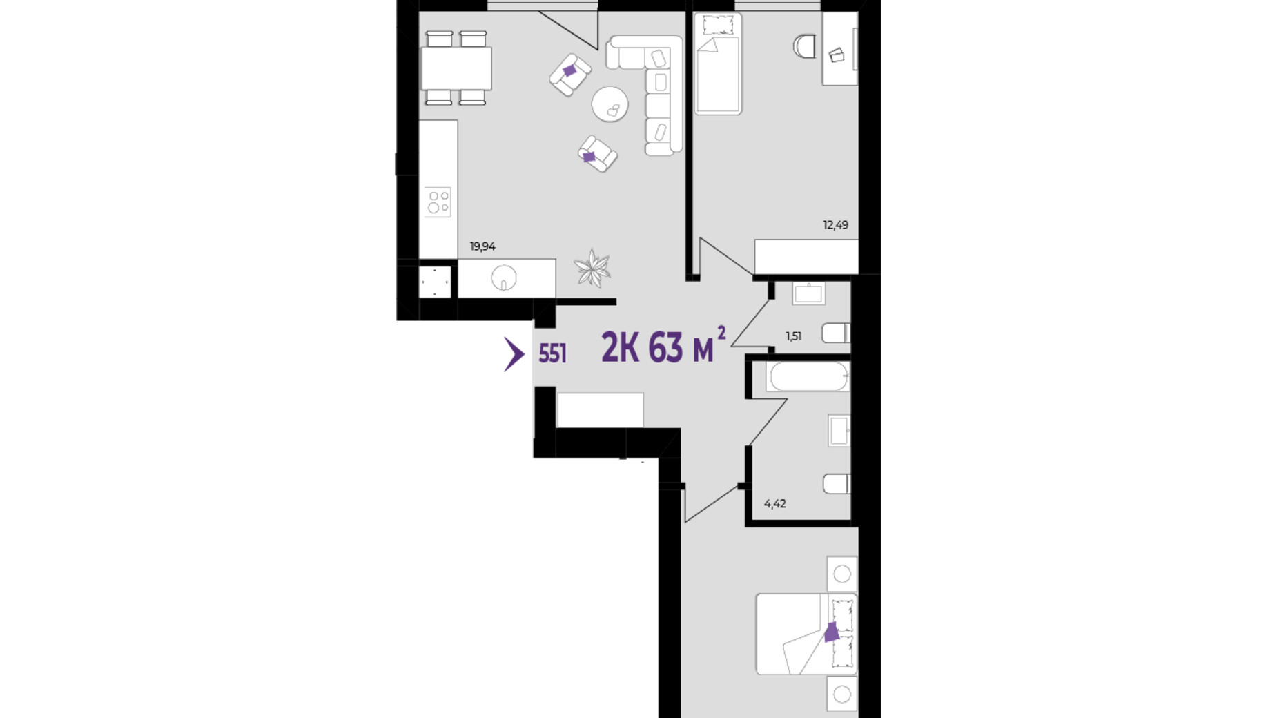 Планировка 2-комнатной квартиры в ЖК Wawel 63 м², фото 650377