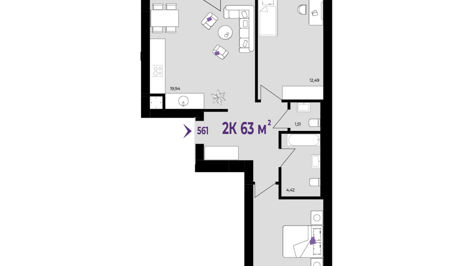 Планировка 2-комнатной квартиры в ЖК Wawel 63 м², фото 650378