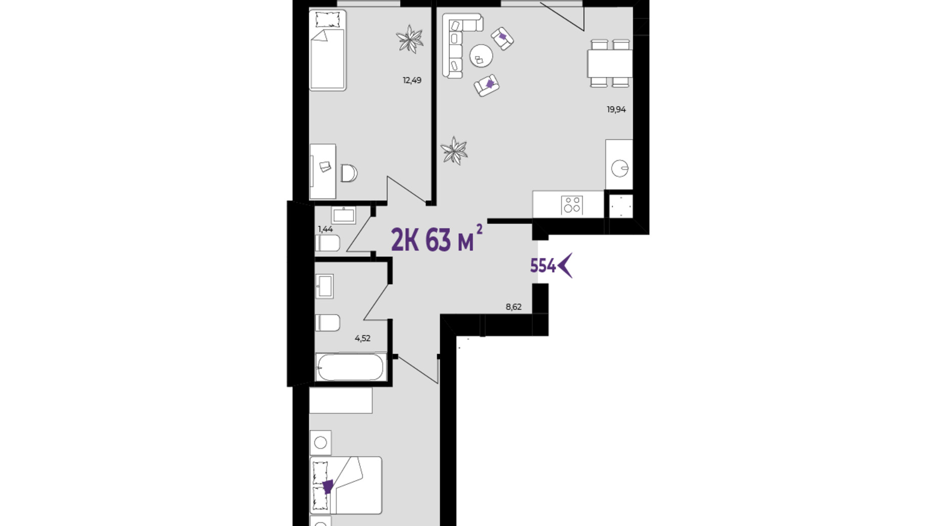 Планировка 2-комнатной квартиры в ЖК Wawel 63 м², фото 650380