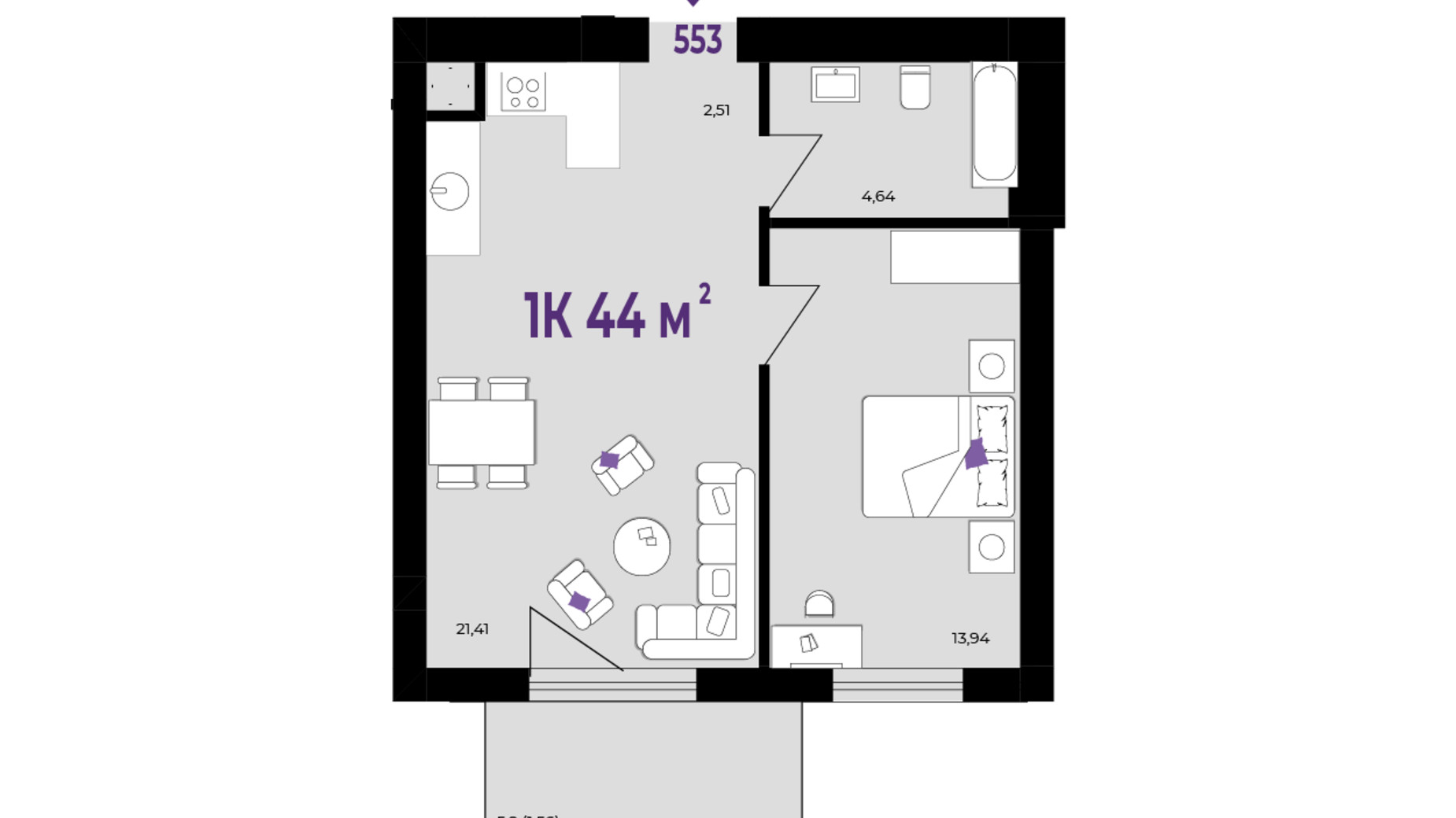 Планування 1-кімнатної квартири в ЖК Wawel 44 м², фото 650382