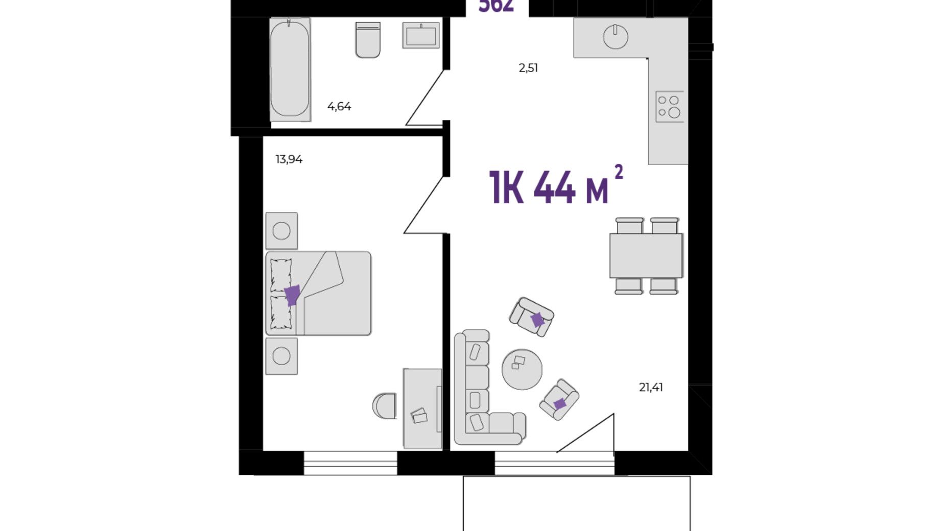 Планування 1-кімнатної квартири в ЖК Wawel 44 м², фото 650387