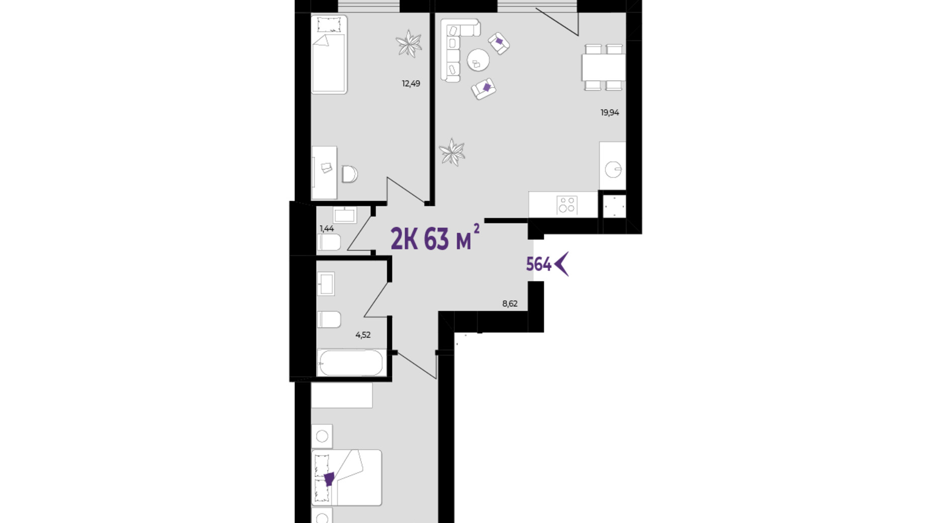 Планування 2-кімнатної квартири в ЖК Wawel 63 м², фото 650388
