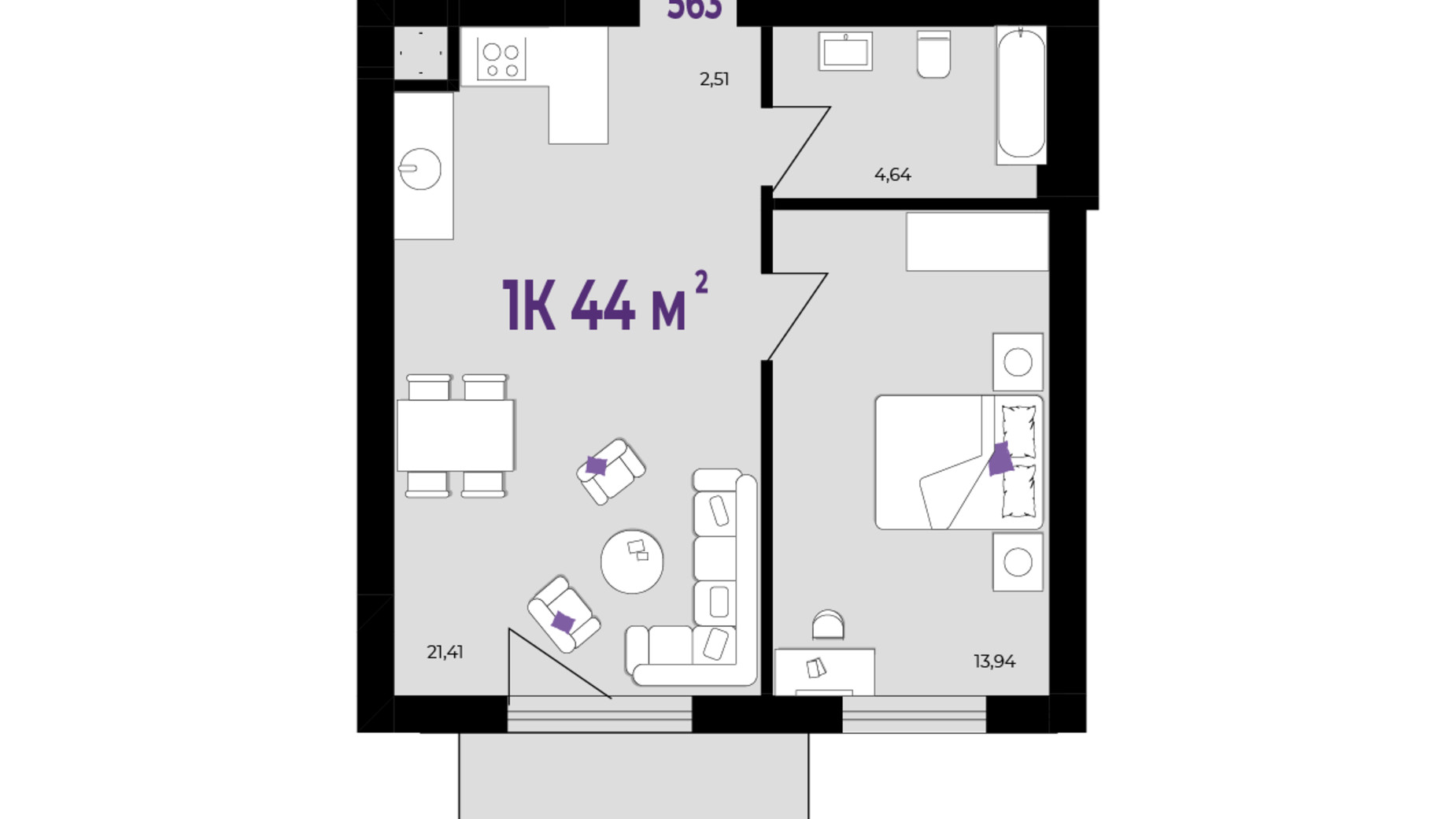Планування 1-кімнатної квартири в ЖК Wawel 44 м², фото 650389