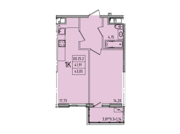 ЖК Еллада: планування 1-кімнатної квартири 43.05 м²