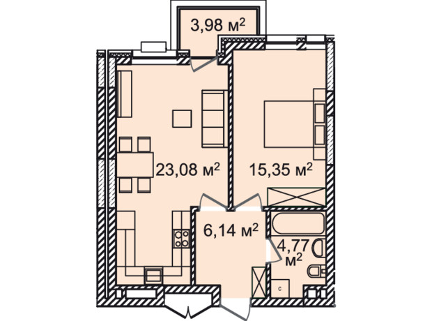 ЖК Montreal House: планування 1-кімнатної квартири 51.53 м²