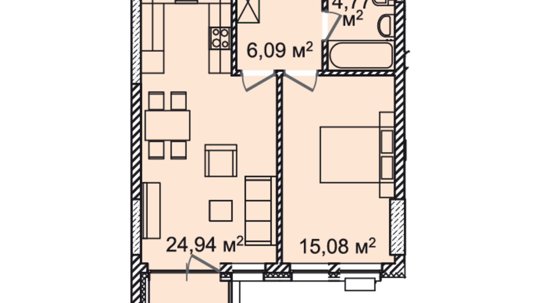 Планування 1-кімнатної квартири в ЖК Montreal House 52.43 м², фото 650469