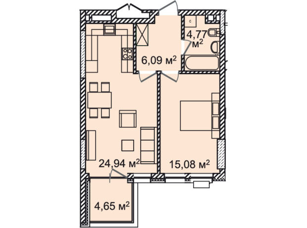 ЖК Montreal House: планування 1-кімнатної квартири 52.43 м²