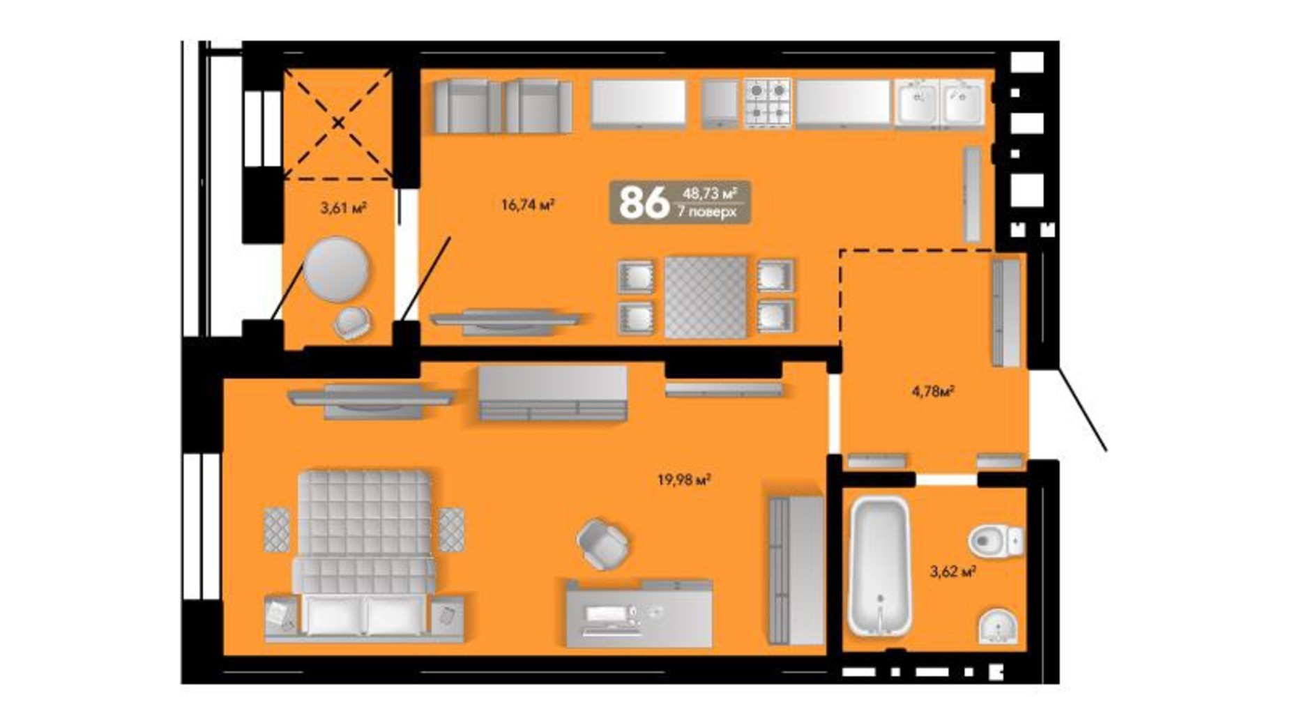 Планировка 1-комнатной квартиры в ЖК Весняний 48.73 м², фото 650592