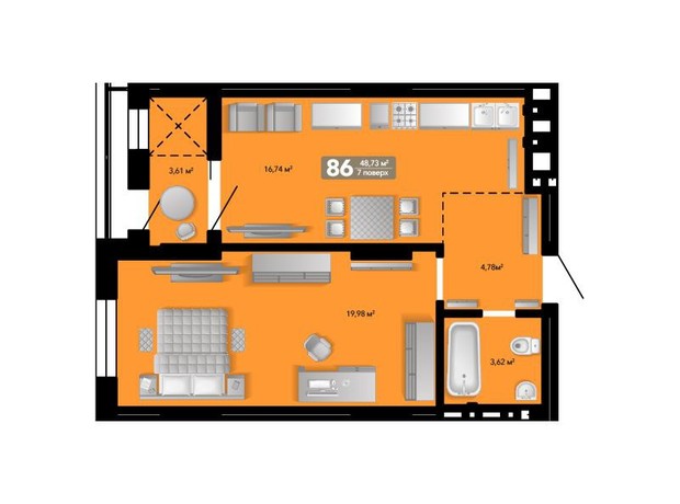 ЖК Весняний: планування 1-кімнатної квартири 48.73 м²