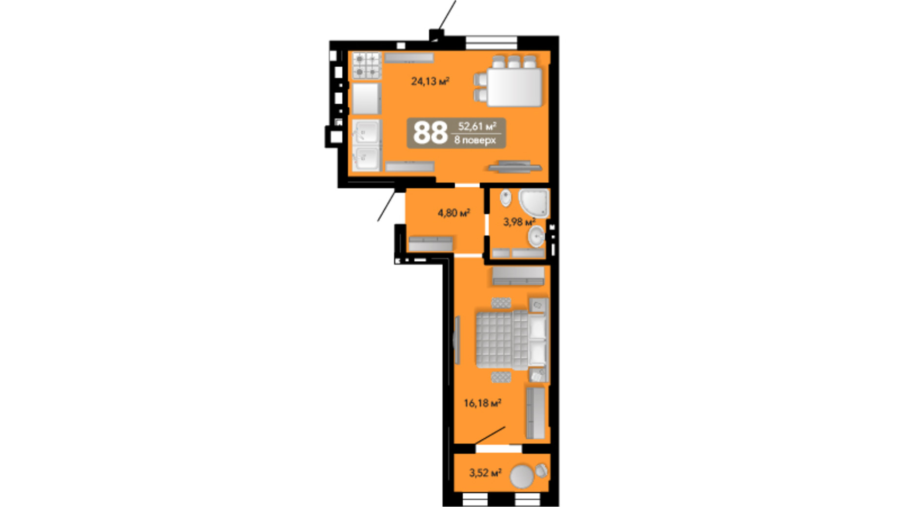Планування 1-кімнатної квартири в ЖК Весняний 52.61 м², фото 650593