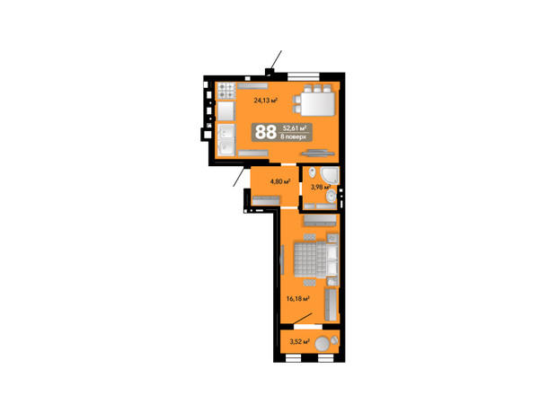 ЖК Весняний: планування 1-кімнатної квартири 52.61 м²