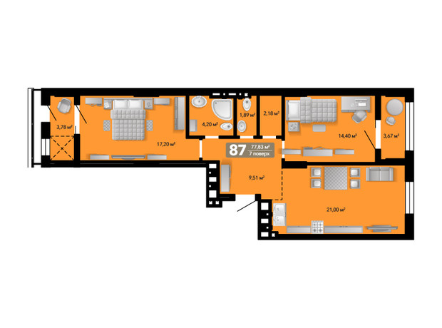 ЖК Весняний: планування 2-кімнатної квартири 77.83 м²