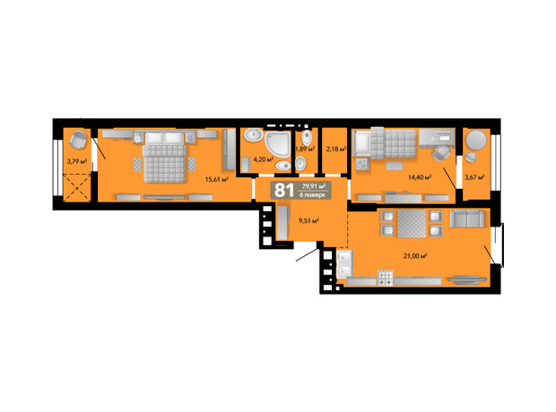 ЖК Весняний: планировка 2-комнатной квартиры 79.91 м²