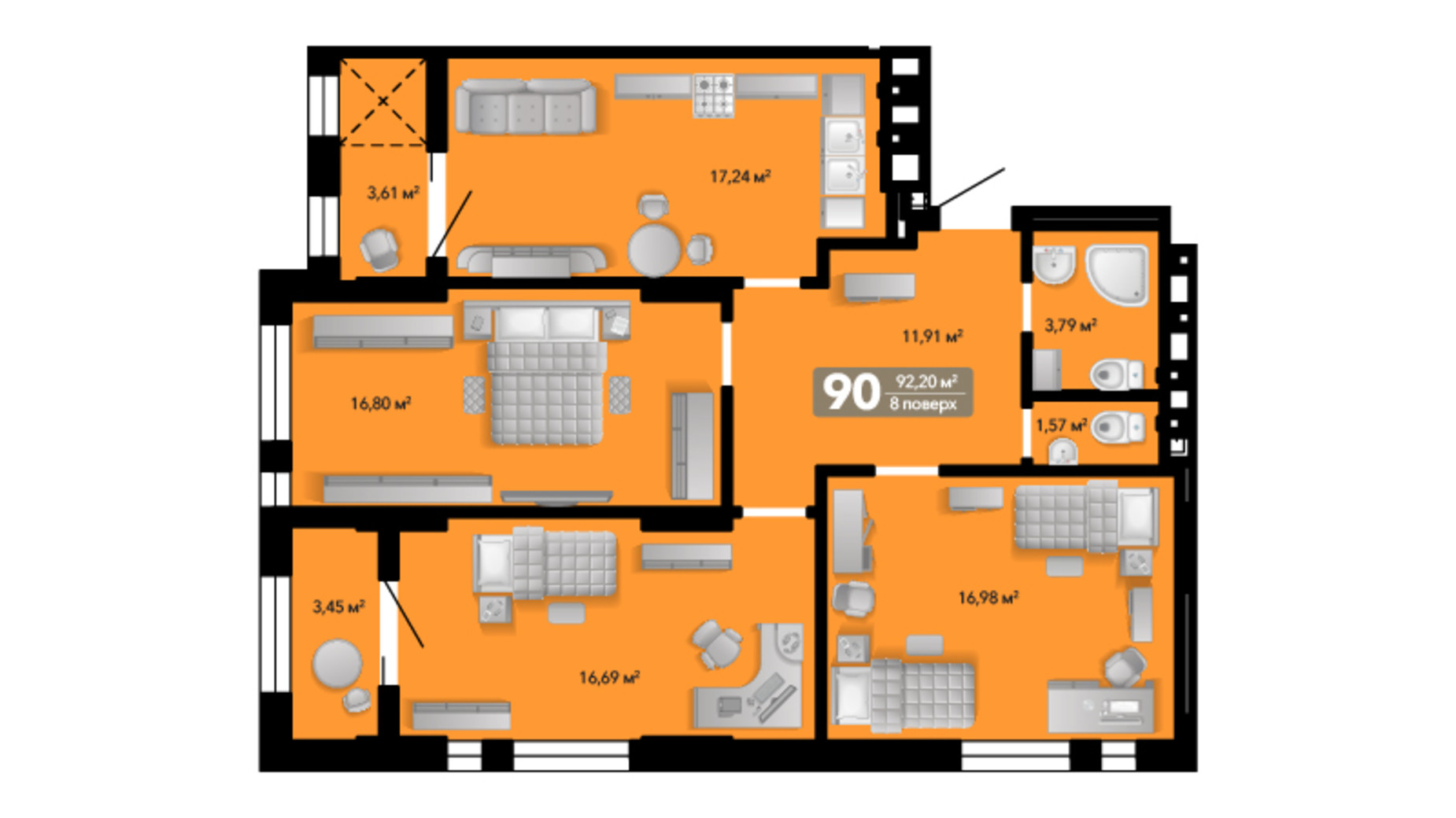 Планировка 3-комнатной квартиры в ЖК Весняний 92.2 м², фото 650599