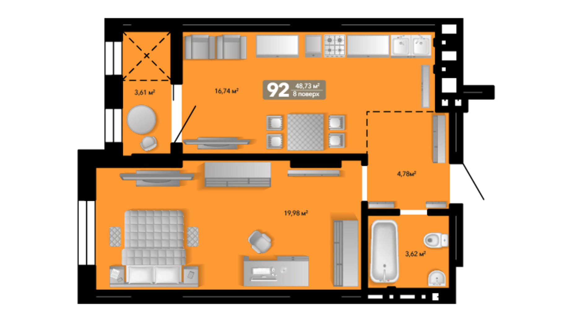 Планування 1-кімнатної квартири в ЖК Весняний 48.73 м², фото 650601