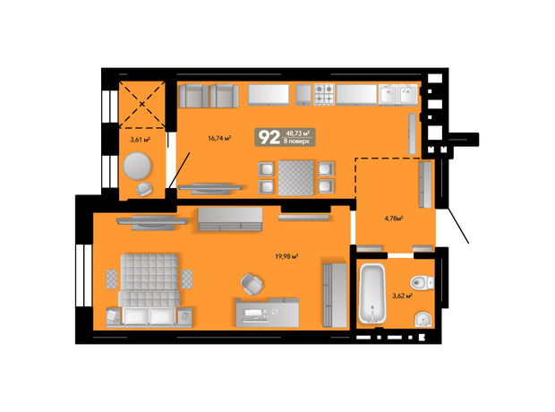 ЖК Весняний: планировка 1-комнатной квартиры 48.73 м²