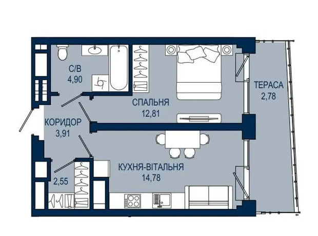 ЖК Helga: планування 1-кімнатної квартири 41.73 м²