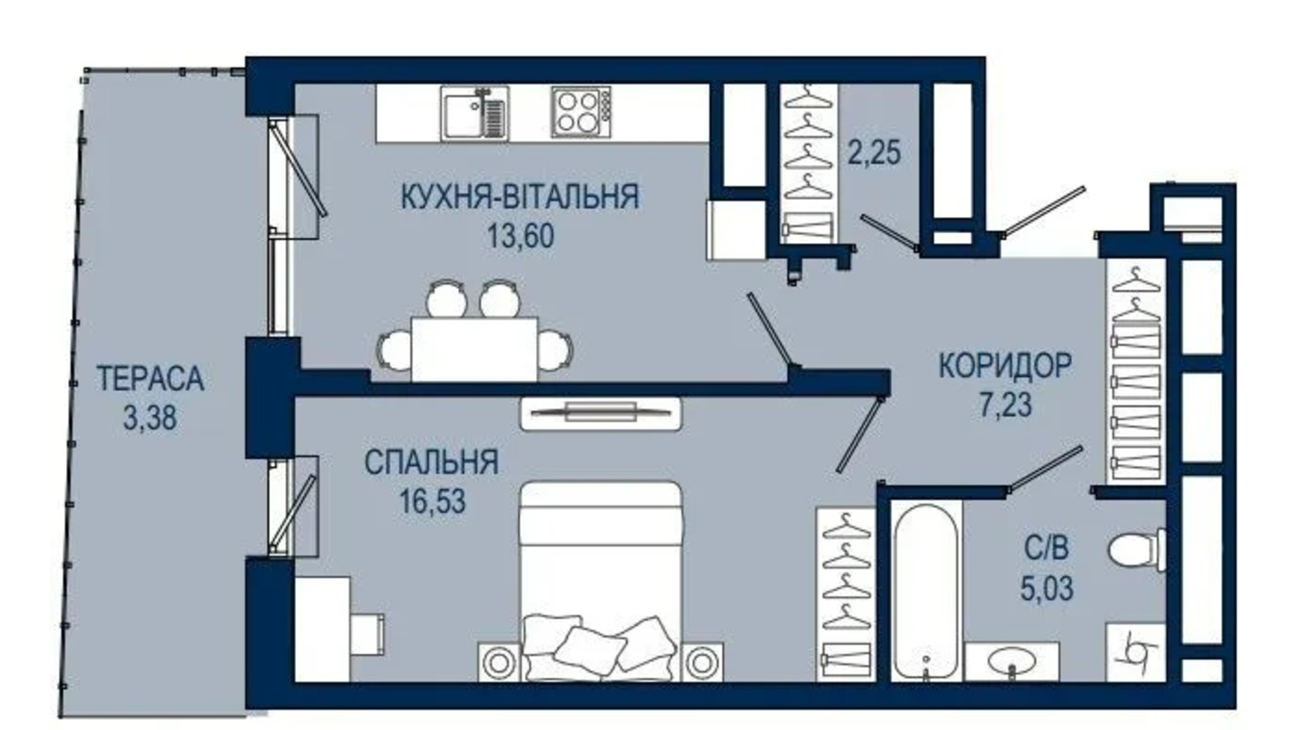 Планування 1-кімнатної квартири в ЖК Helga 48.03 м², фото 650689