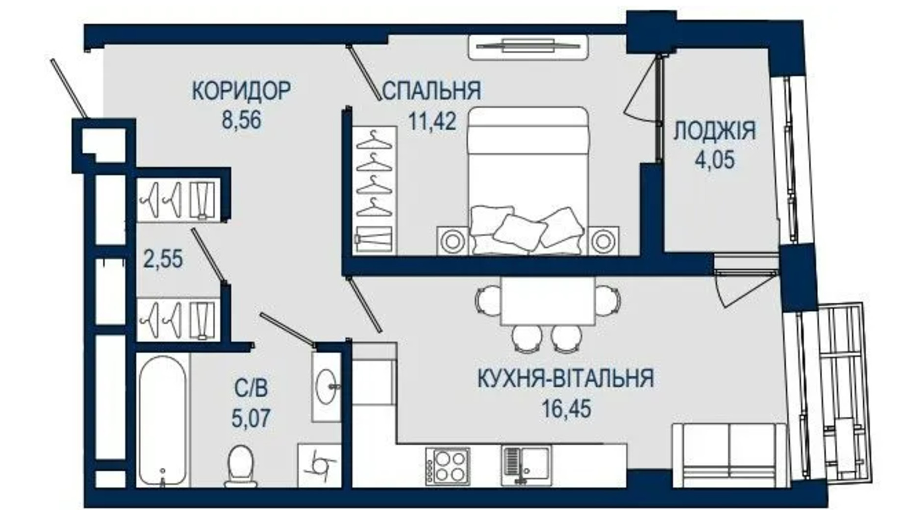 Планировка 1-комнатной квартиры в ЖК Helga 48.1 м², фото 650690