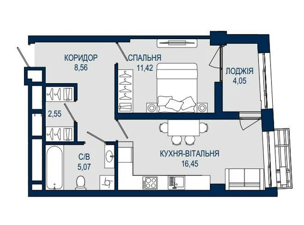 ЖК Helga: планировка 1-комнатной квартиры 48.1 м²