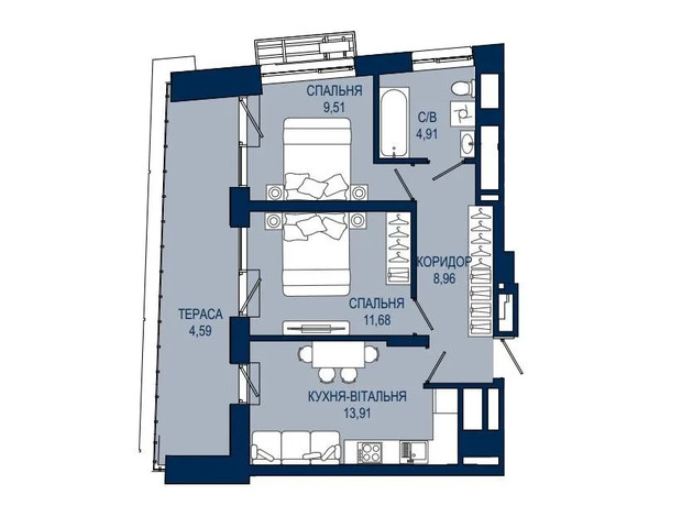 ЖК Helga: планування 2-кімнатної квартири 53.52 м²