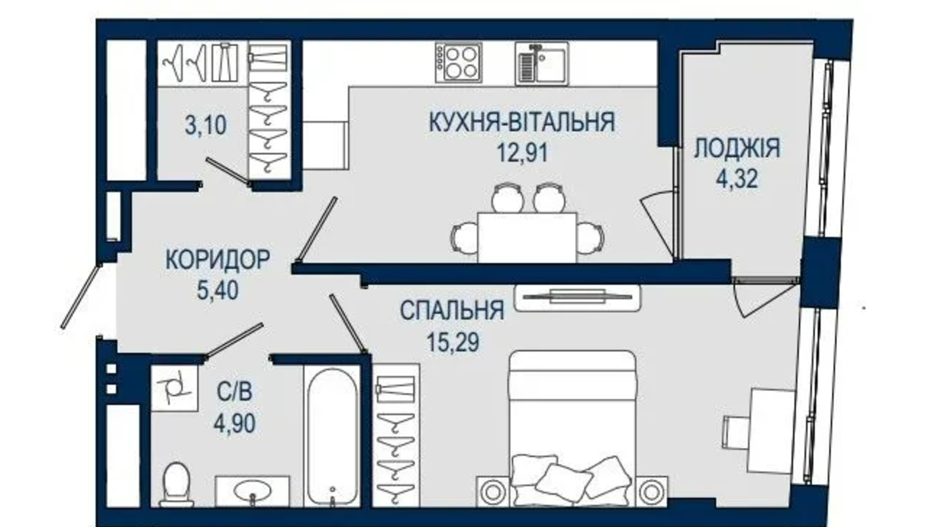 Планировка 1-комнатной квартиры в ЖК Helga 45.92 м², фото 650716