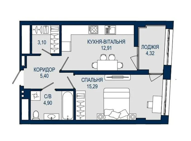 ЖК Helga: планировка 1-комнатной квартиры 45.92 м²