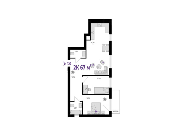 ЖК Wawel: планування 2-кімнатної квартири 67 м²