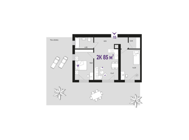 ЖК Wawel: планування 2-кімнатної квартири 85 м²