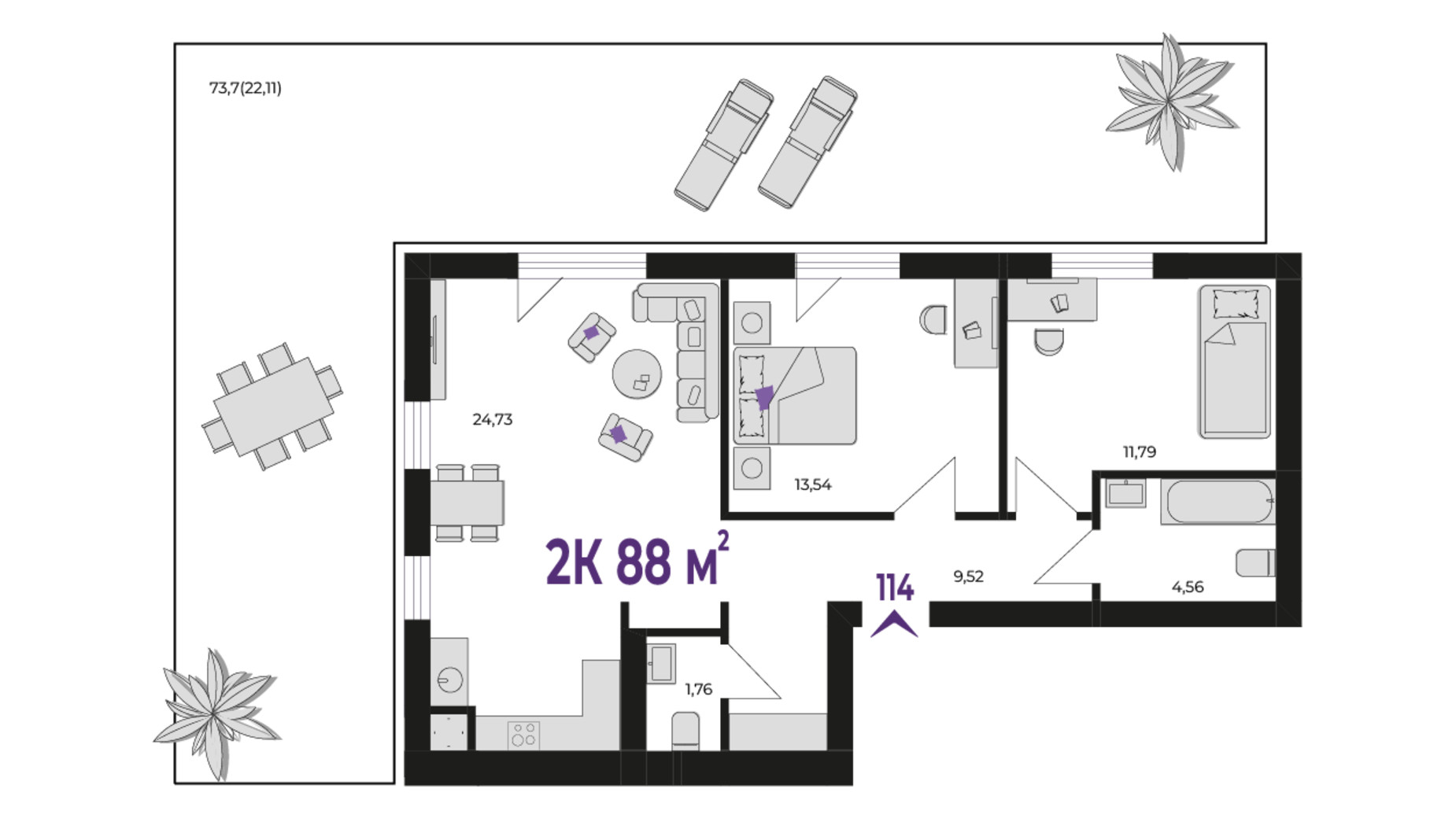 Планування 2-кімнатної квартири в ЖК Wawel 88 м², фото 650924
