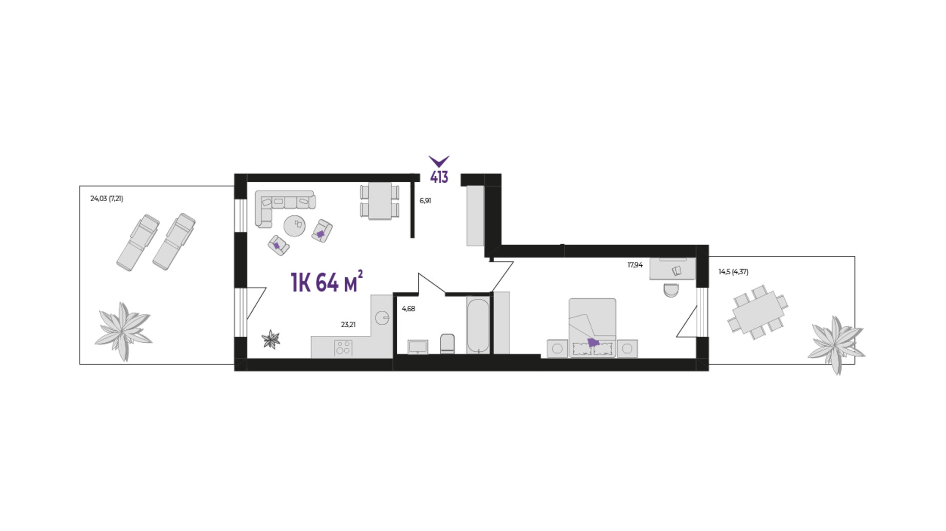 Планування 1-кімнатної квартири в ЖК Wawel 64 м², фото 650937