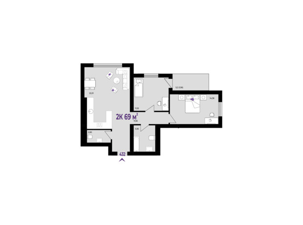 ЖК Wawel: планування 2-кімнатної квартири 69 м²