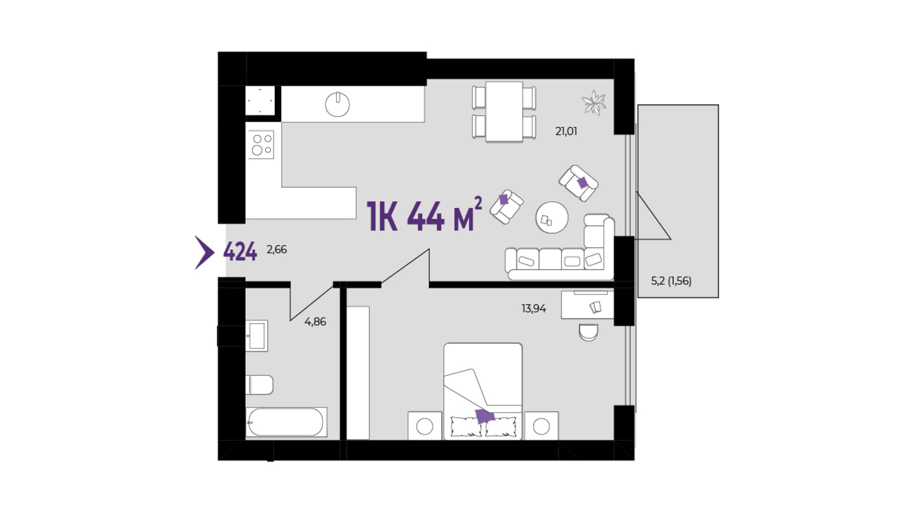 Планування 1-кімнатної квартири в ЖК Wawel 44 м², фото 650939