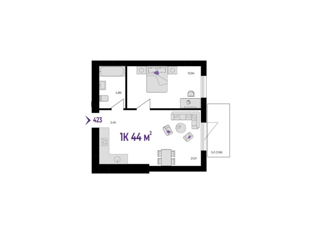 ЖК Wawel: планування 1-кімнатної квартири 44 м²