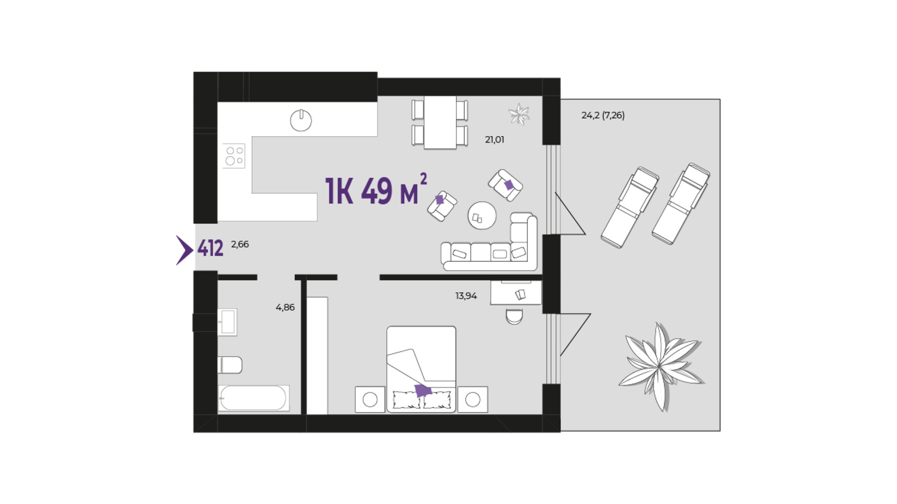 Планування 1-кімнатної квартири в ЖК Wawel 49 м², фото 650944