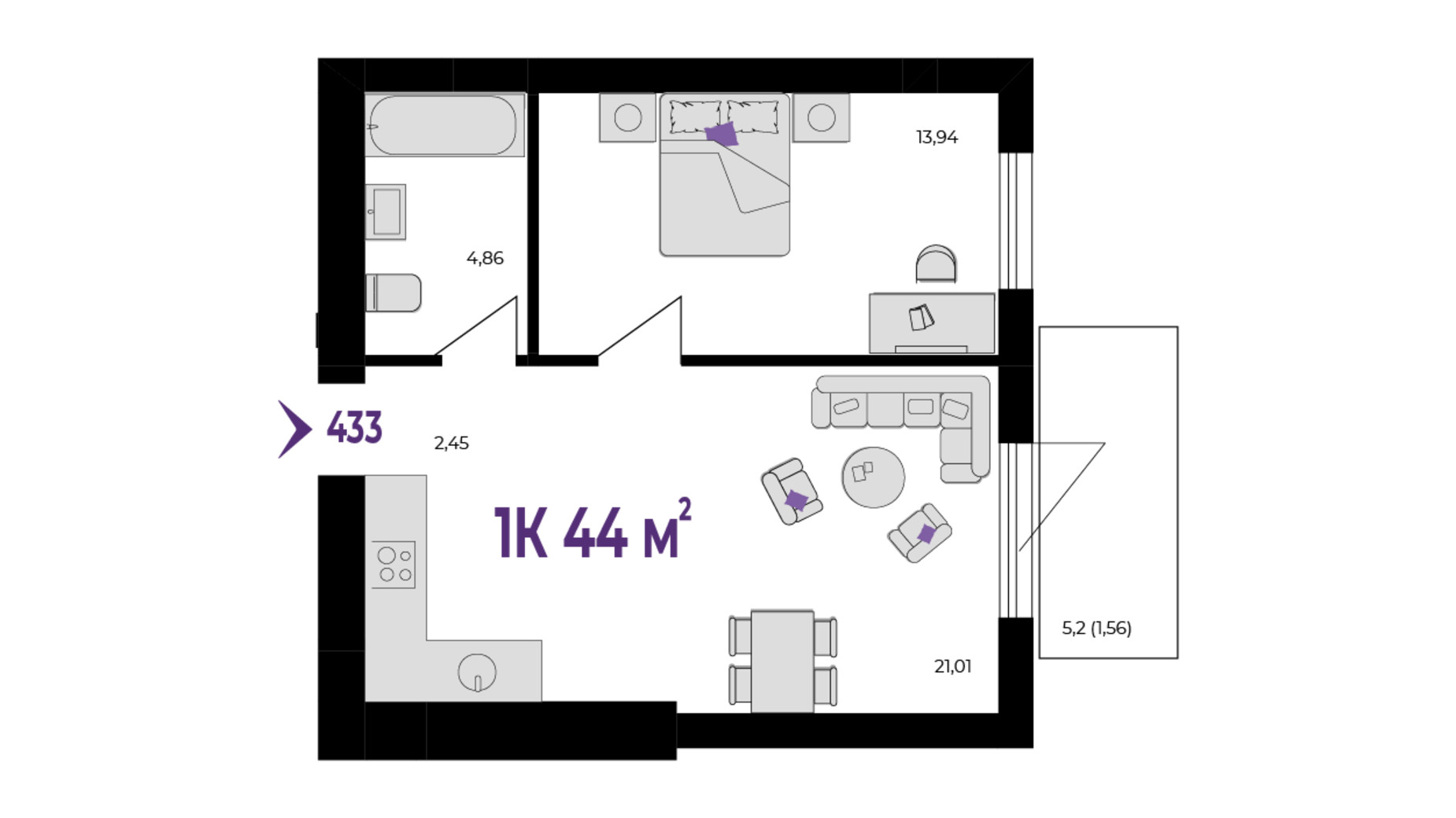 Планування 1-кімнатної квартири в ЖК Wawel 44 м², фото 650946