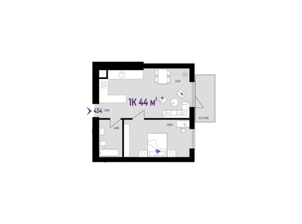 ЖК Wawel: планування 1-кімнатної квартири 44 м²