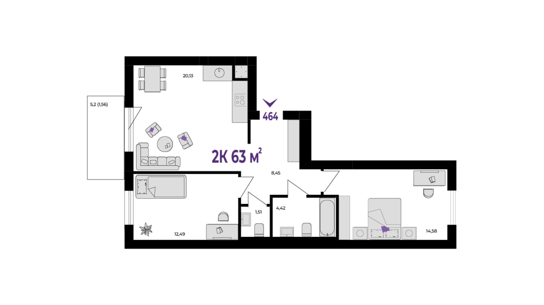 Планировка 2-комнатной квартиры в ЖК Wawel 63 м², фото 650956