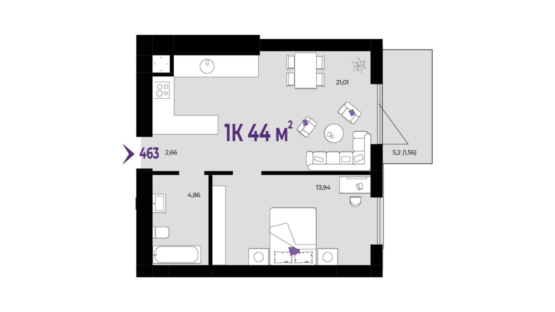 Планировка 1-комнатной квартиры в ЖК Wawel 44 м², фото 650957