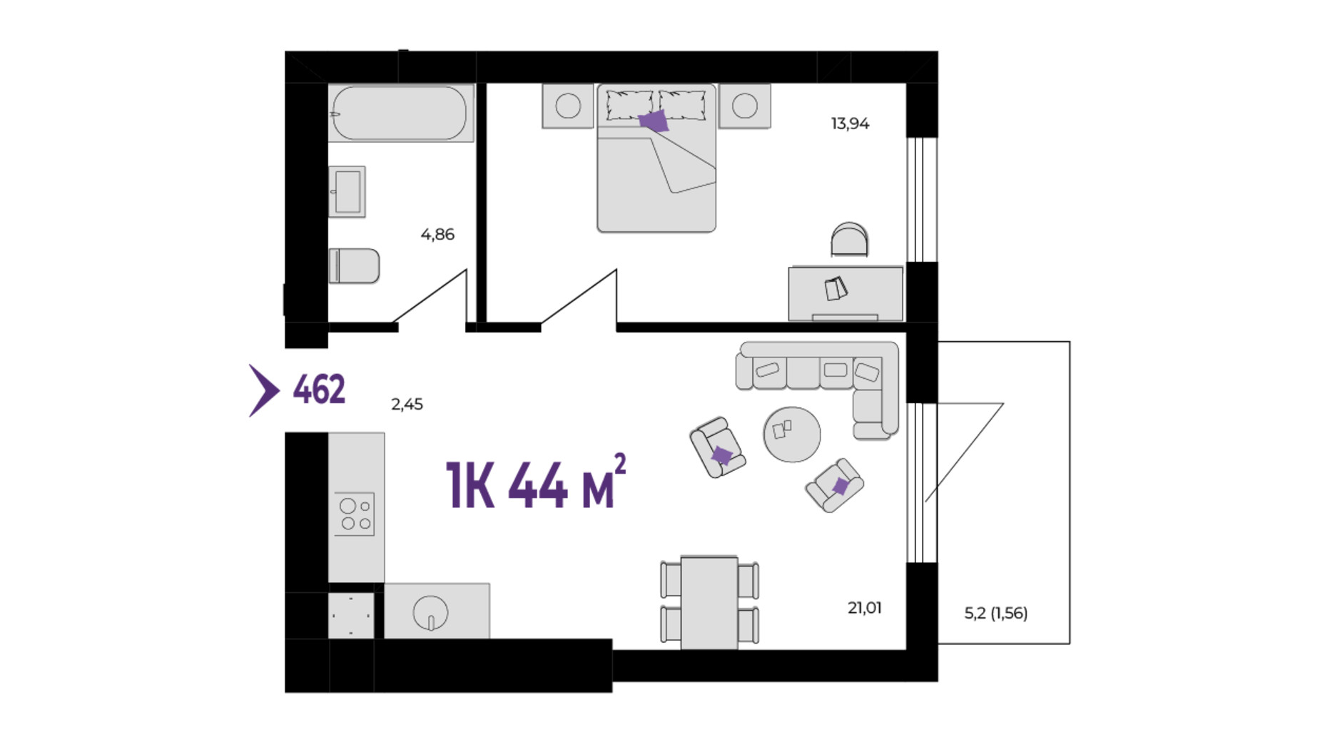 Планування 1-кімнатної квартири в ЖК Wawel 44 м², фото 650961