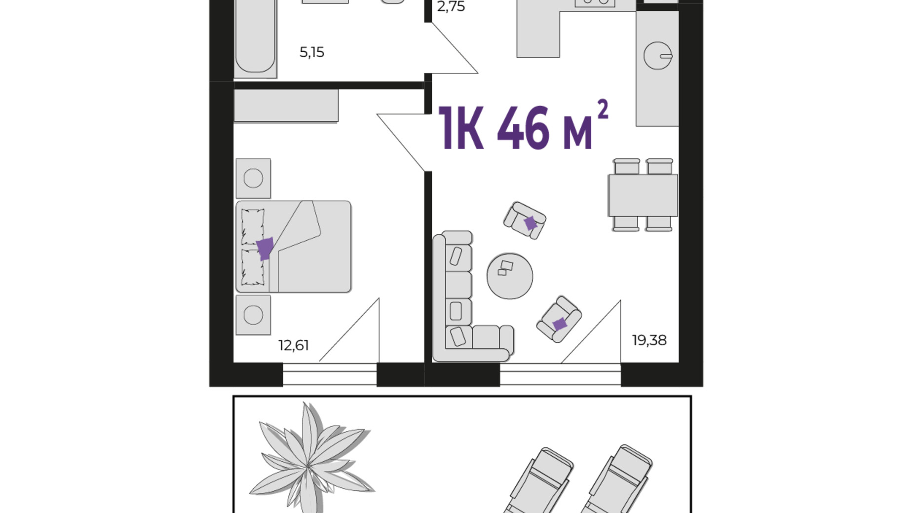 Планування 1-кімнатної квартири в ЖК Wawel 46 м², фото 650964