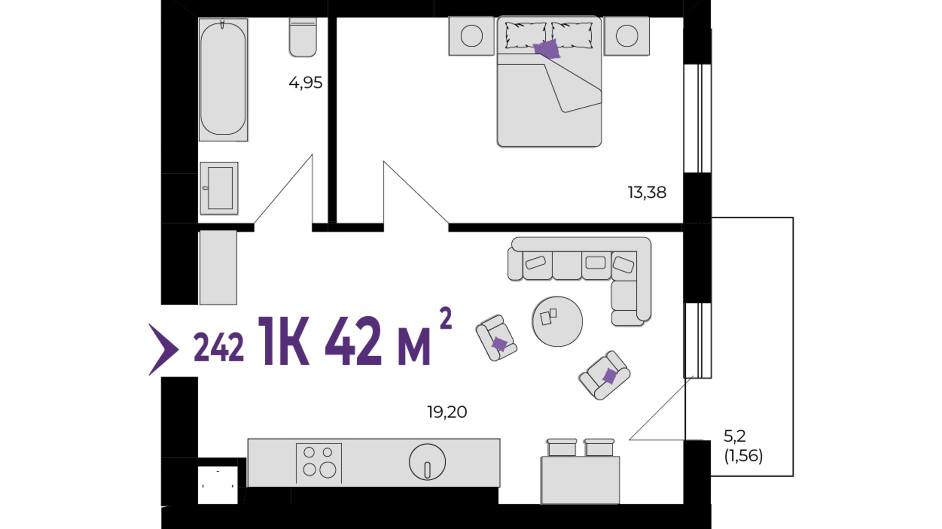 Планування 1-кімнатної квартири в ЖК Wawel 42 м², фото 650965