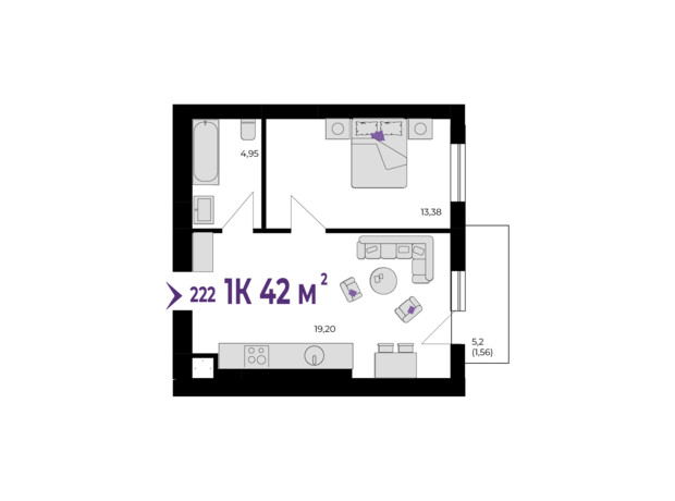 ЖК Wawel: планировка 1-комнатной квартиры 42 м²