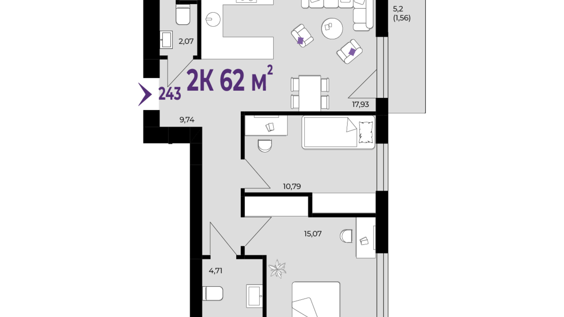 Планировка 2-комнатной квартиры в ЖК Wawel 62 м², фото 650967