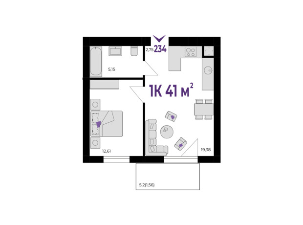 ЖК Wawel: планування 1-кімнатної квартири 41 м²