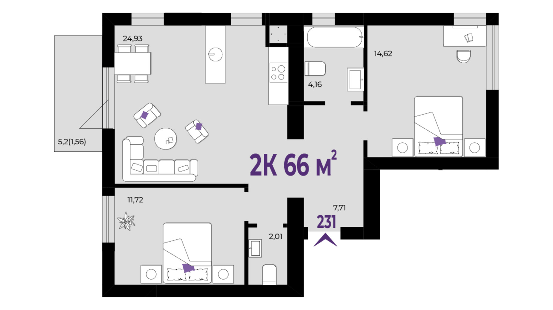 Планування 2-кімнатної квартири в ЖК Wawel 66 м², фото 650970