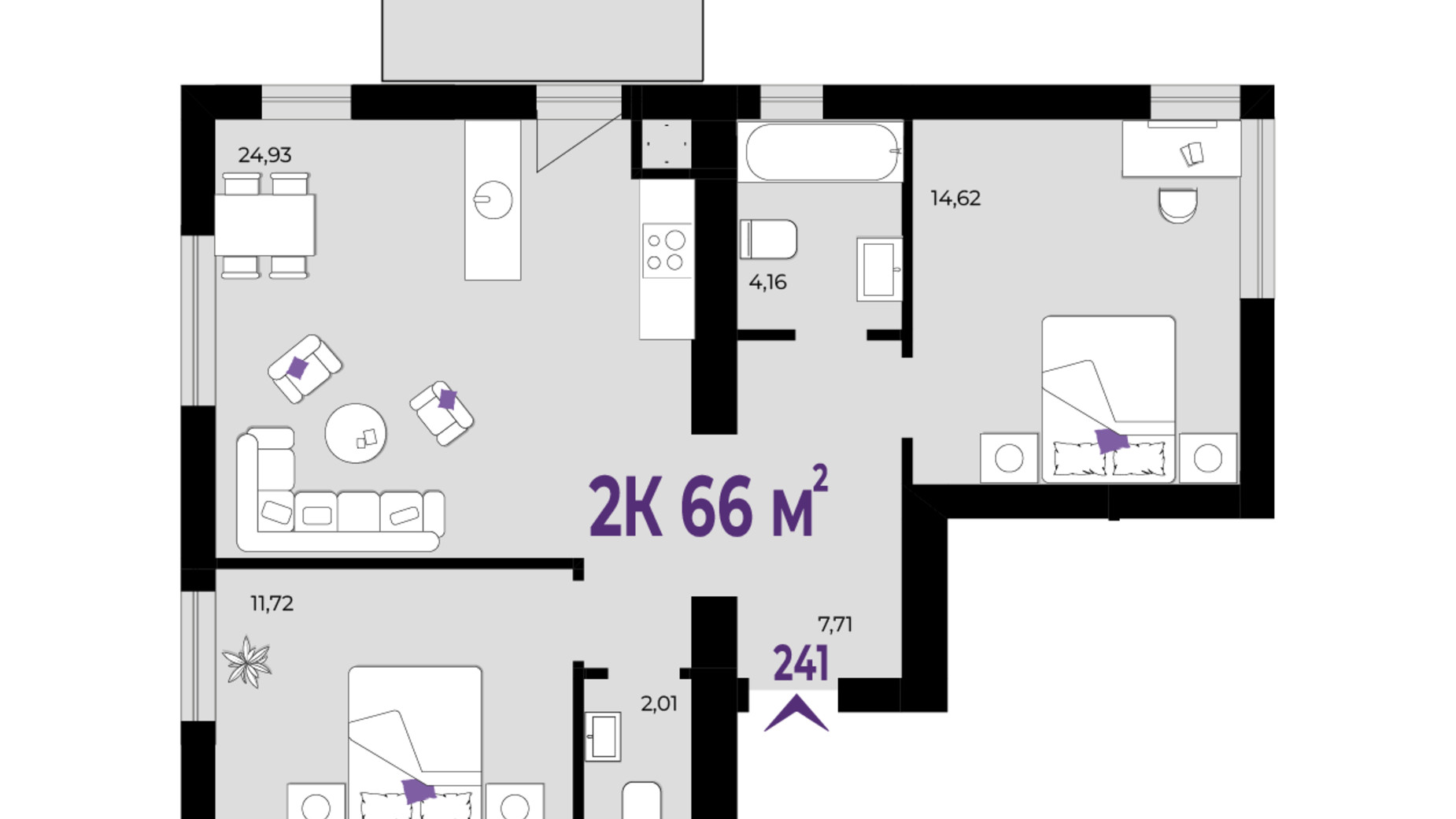 Планування 2-кімнатної квартири в ЖК Wawel 66 м², фото 650971