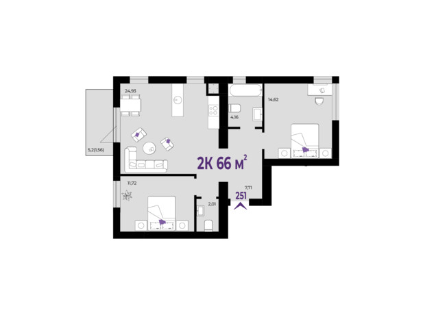 ЖК Wawel: планування 2-кімнатної квартири 66 м²