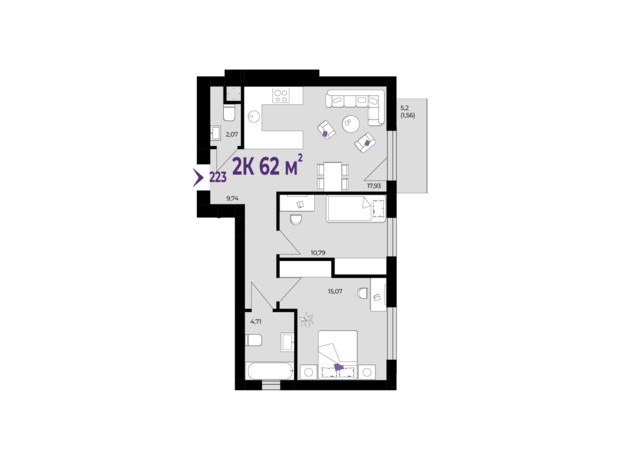 ЖК Wawel: планування 2-кімнатної квартири 62 м²