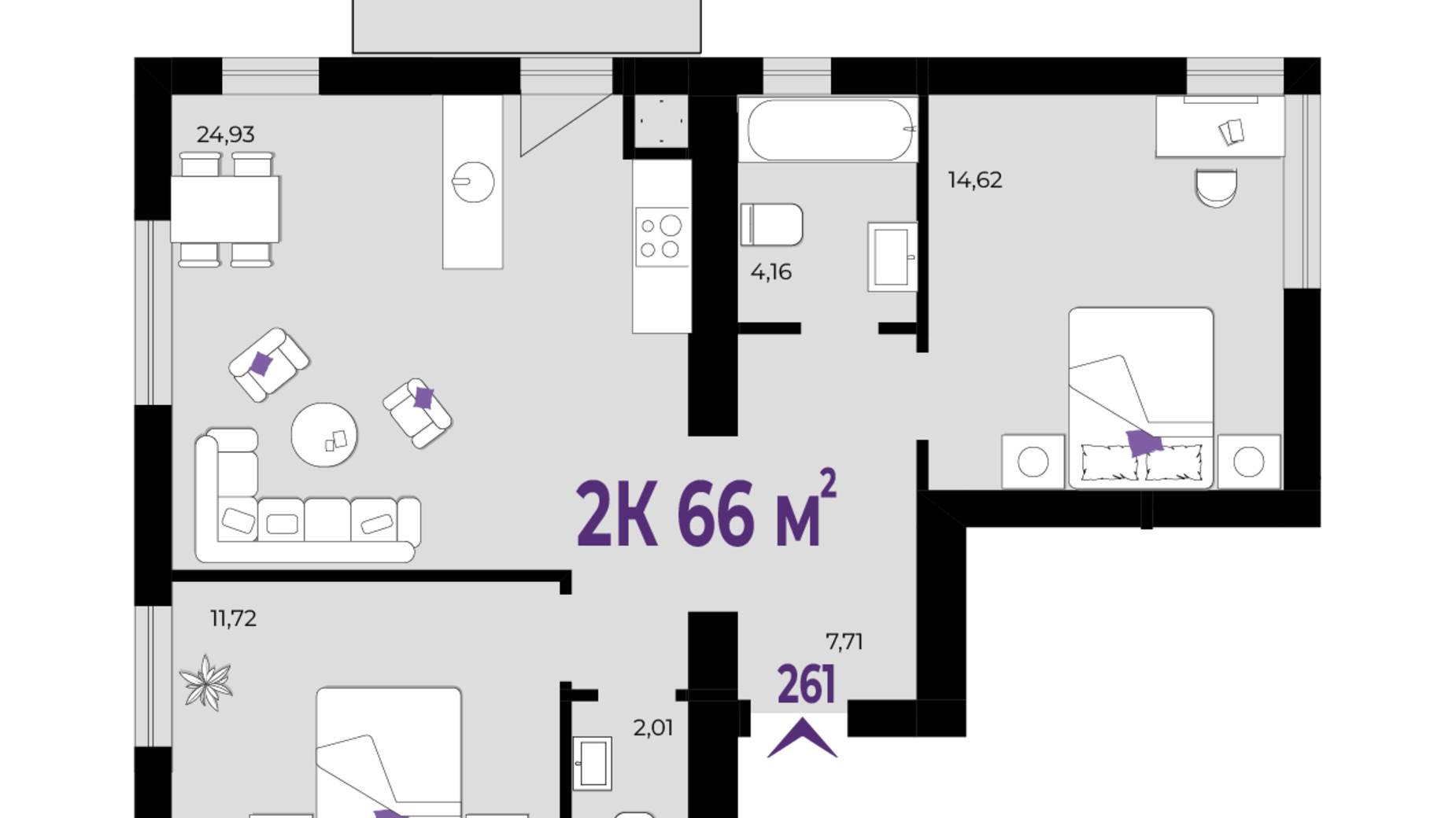 Планировка 2-комнатной квартиры в ЖК Wawel 66 м², фото 650975